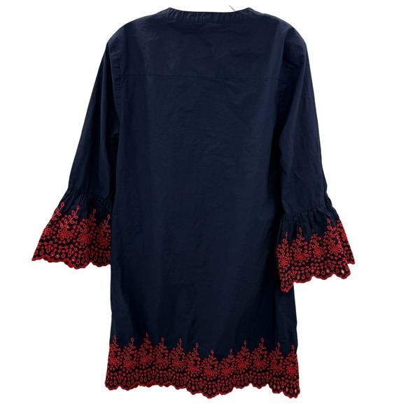 J.Crew Navy Blue Eyelet Embroidered Bell Sleeve Tunic Midi Dress Women's Large - Picture 2 of 11